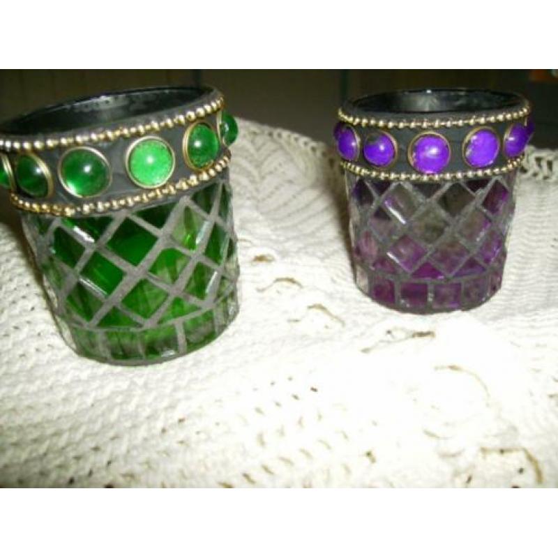waxinelichthouders, glas gekleurd met bling bling