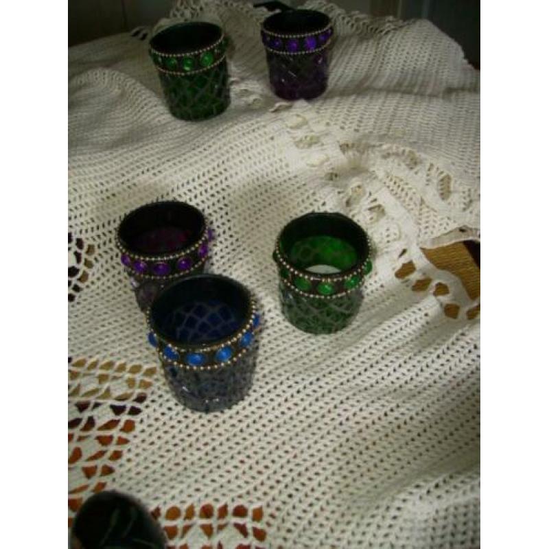 waxinelichthouders, glas gekleurd met bling bling