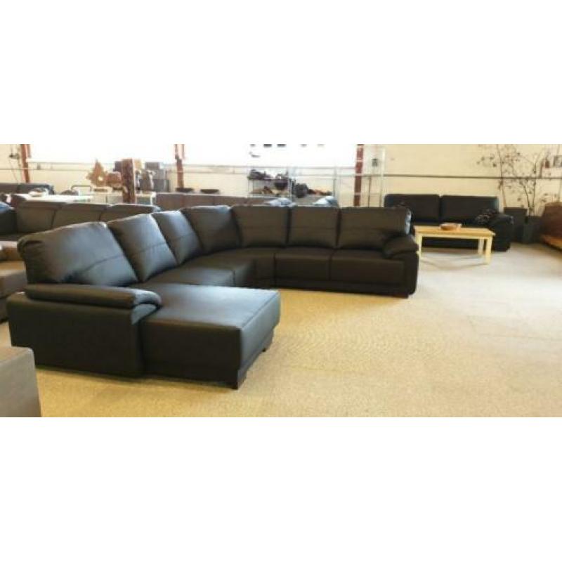 #526 zwart leder u hoekbank met lonchair