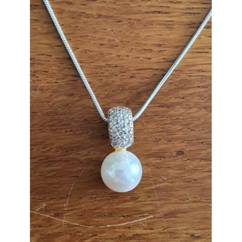 Mooie zilveren (925) PARELset; ketting, hanger en oorbellen