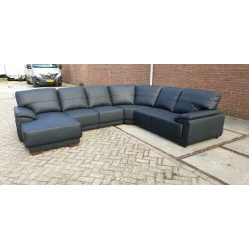 #526 zwart leder u hoekbank met lonchair