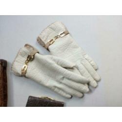 Vintage leren handtas/portemonnee/handschoenen.Van Raalte.