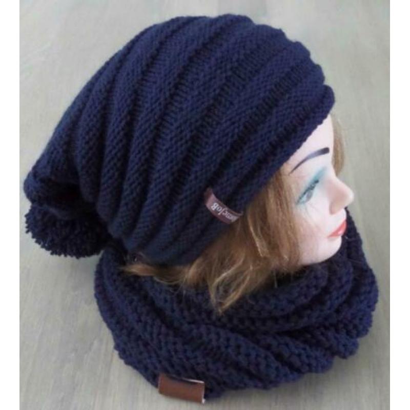 hand gebreide ribbel beanie met col in div kleuren