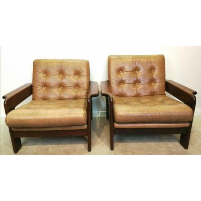 2 Fauteuils, leder, beige, teakhout, Scandinavisch, vintage