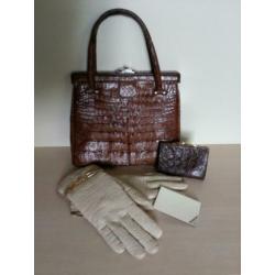 Vintage leren handtas/portemonnee/handschoenen.Van Raalte.