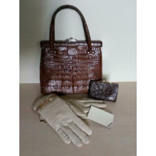 Vintage leren handtas/portemonnee/handschoenen.Van Raalte.