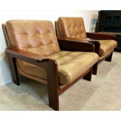 2 Fauteuils, leder, beige, teakhout, Scandinavisch, vintage