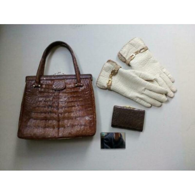 Vintage leren handtas/portemonnee/handschoenen.Van Raalte.