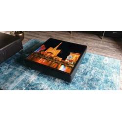 Zwarte vierkante leren salontafel met glasplaat Las Vegas
