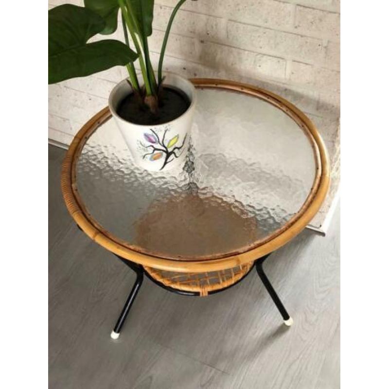 Retro/vintage, rotan Rohé rond salontafeltje, jaren 60.