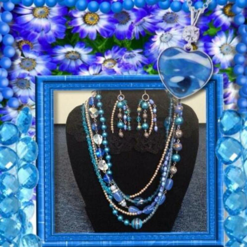 Blauwe ketting handgemaakt met parels set met oorbellen