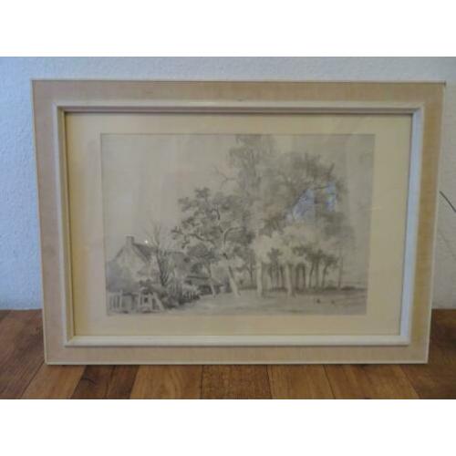 Schilderij bomen en boerderij; in potlood met aquarel.
