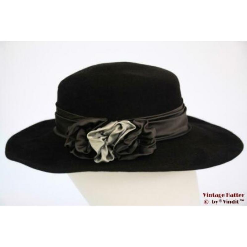 Vintage Dameshoed Chudarek zwart met grijze strik 54,5 = XS