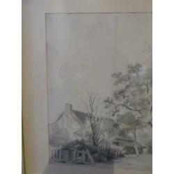 Schilderij bomen en boerderij; in potlood met aquarel.