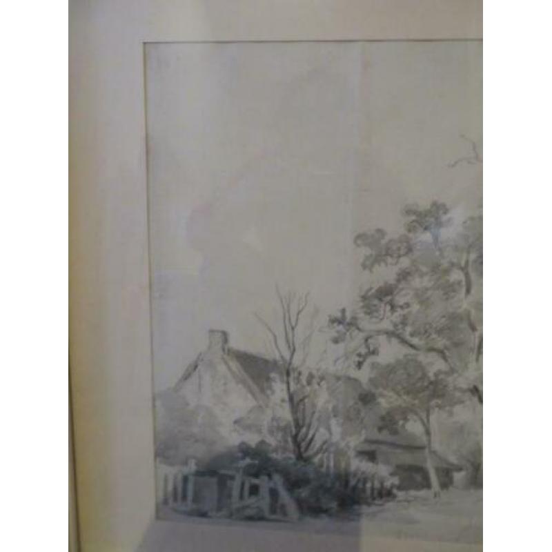 Schilderij bomen en boerderij; in potlood met aquarel.