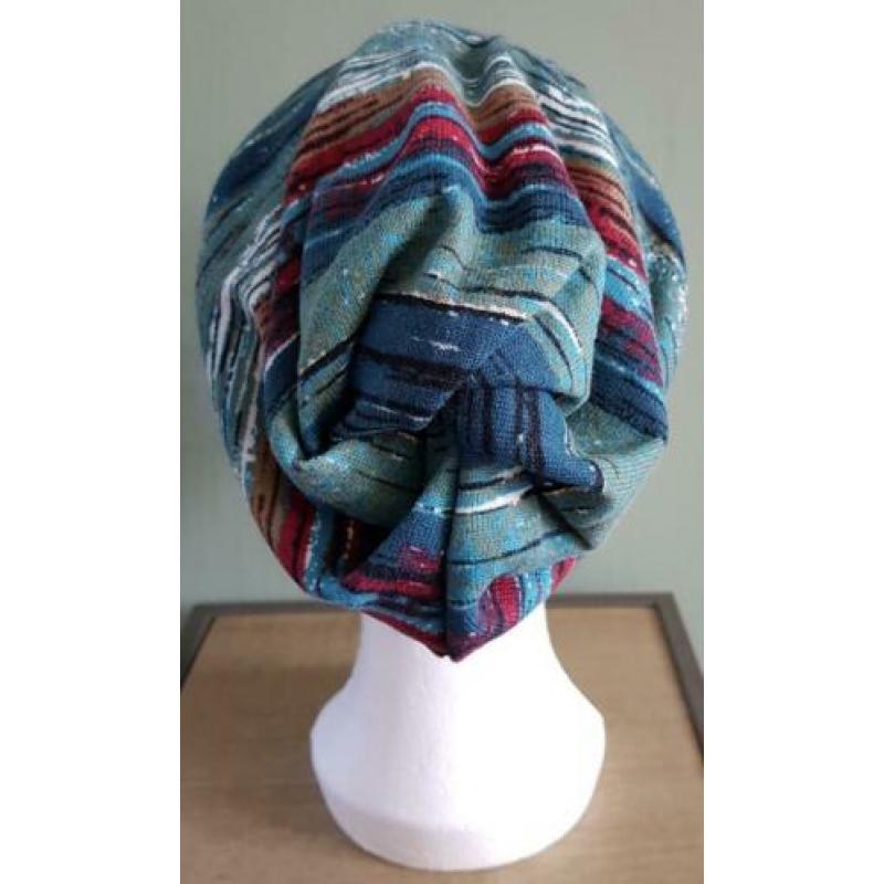 Chemo muts zeegroen/ beige/ rood gestreept
