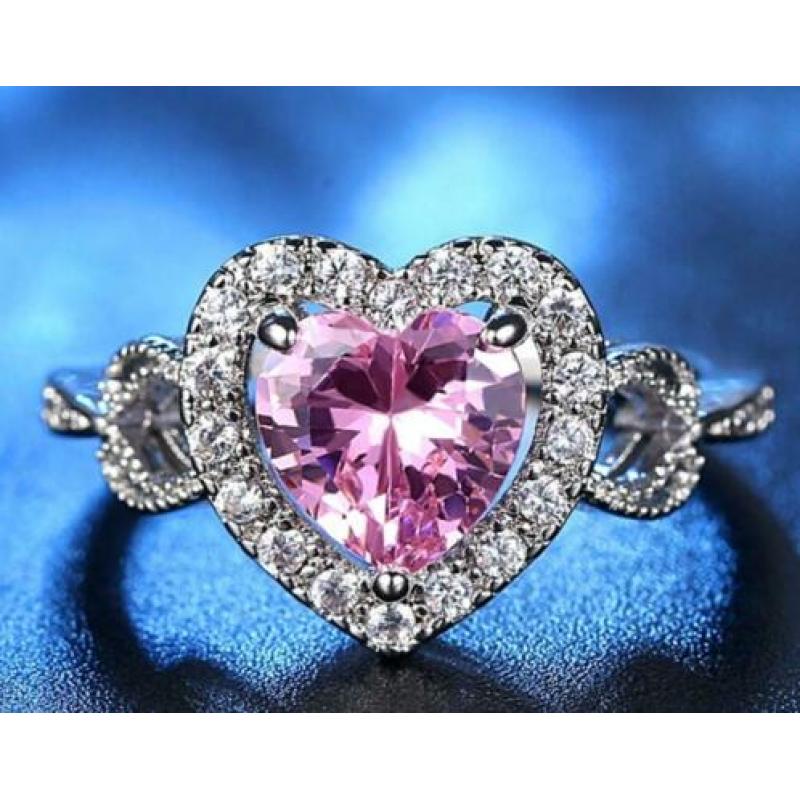 925 zilveren ring met hart en roze en witte zirkonen