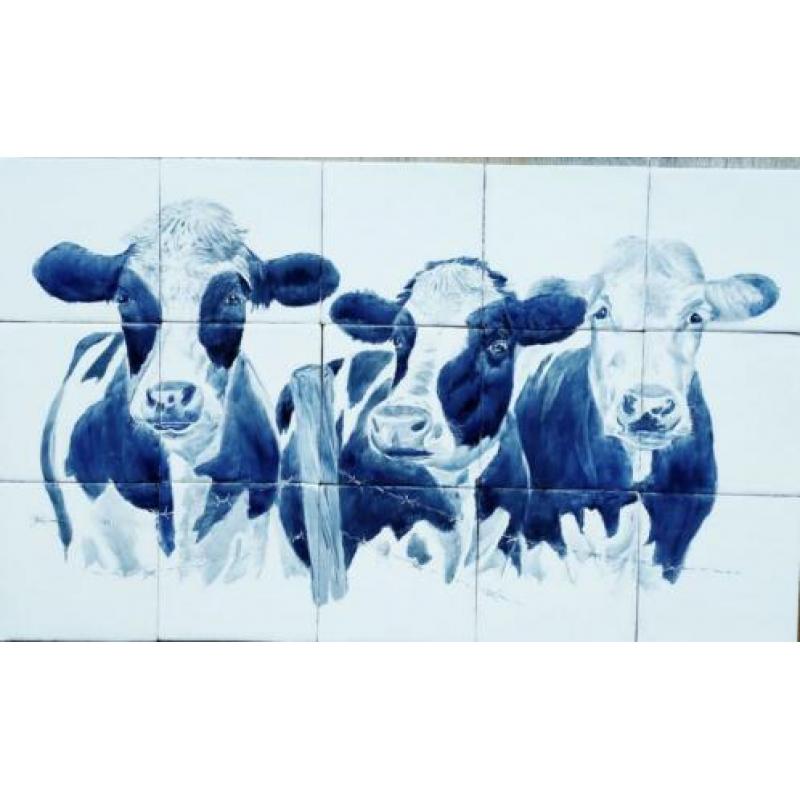 Handbeschilderd tegeltableau op authentieke Friese witjes