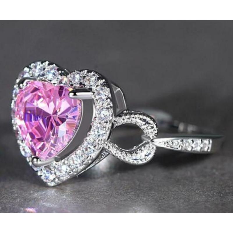 925 zilveren ring met hart en roze en witte zirkonen