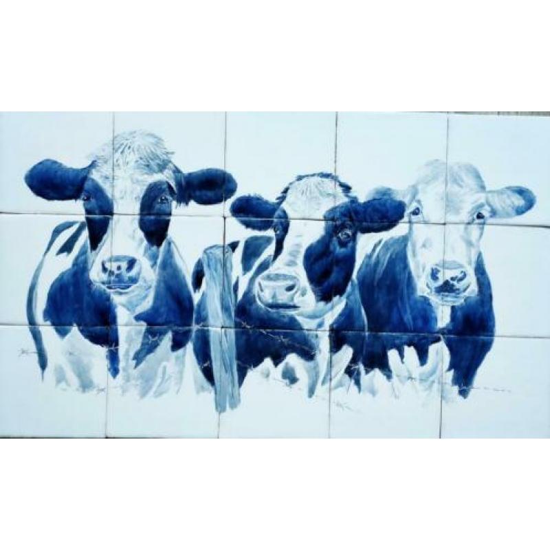 Handbeschilderd tegeltableau op authentieke Friese witjes