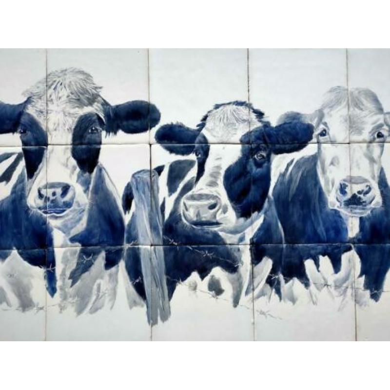 Handbeschilderd tegeltableau op authentieke Friese witjes