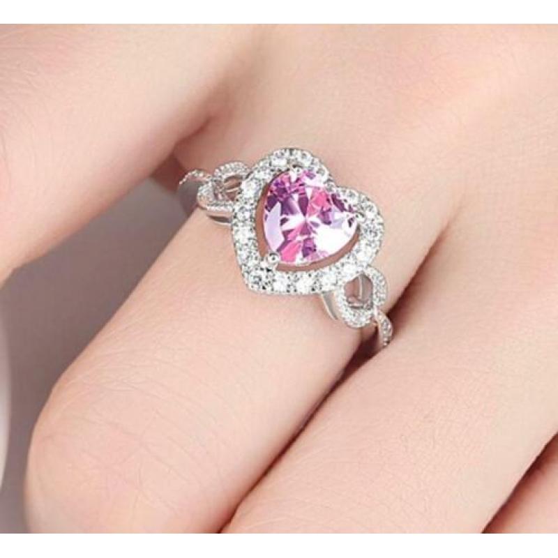925 zilveren ring met hart en roze en witte zirkonen