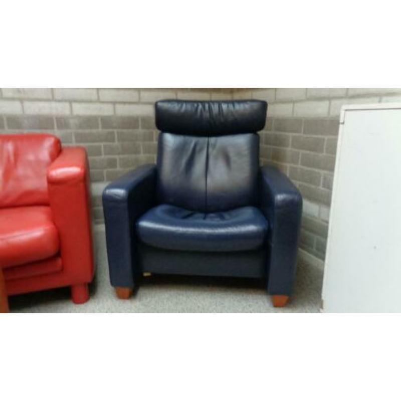 Te koop: blauw lederen Stressless relaxfauteuil