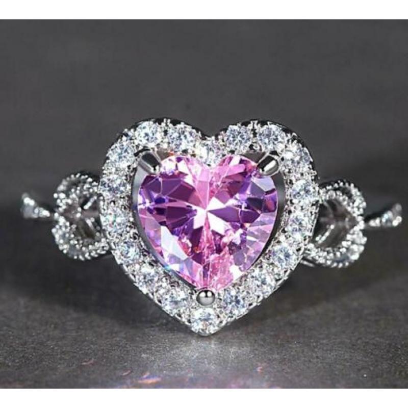 925 zilveren ring met hart en roze en witte zirkonen