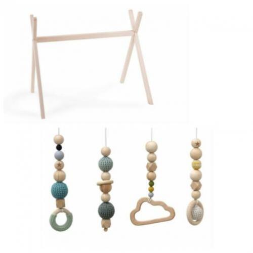 Babygym standaard hout + gehaakt speelgoed groen creme blauw