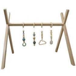 Babygym standaard hout + gehaakt speelgoed groen creme blauw