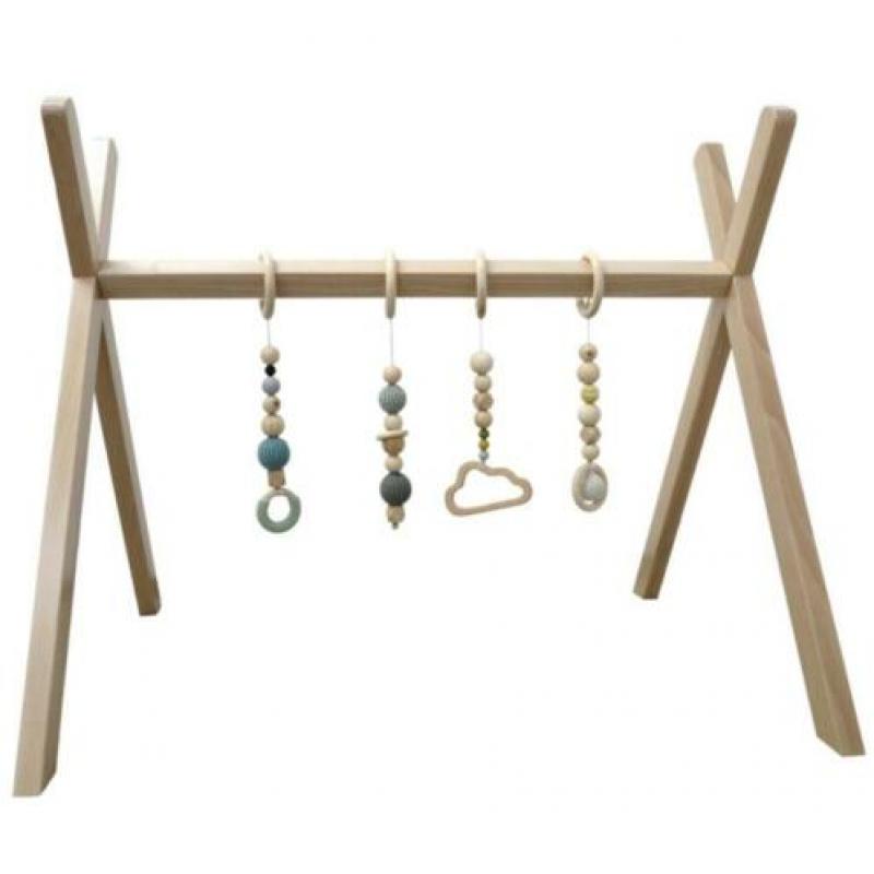 Babygym standaard hout + gehaakt speelgoed groen creme blauw