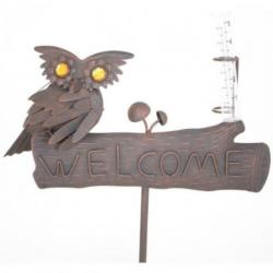 Tuindecoratie metalen bord Welcome met uil en regenmeter