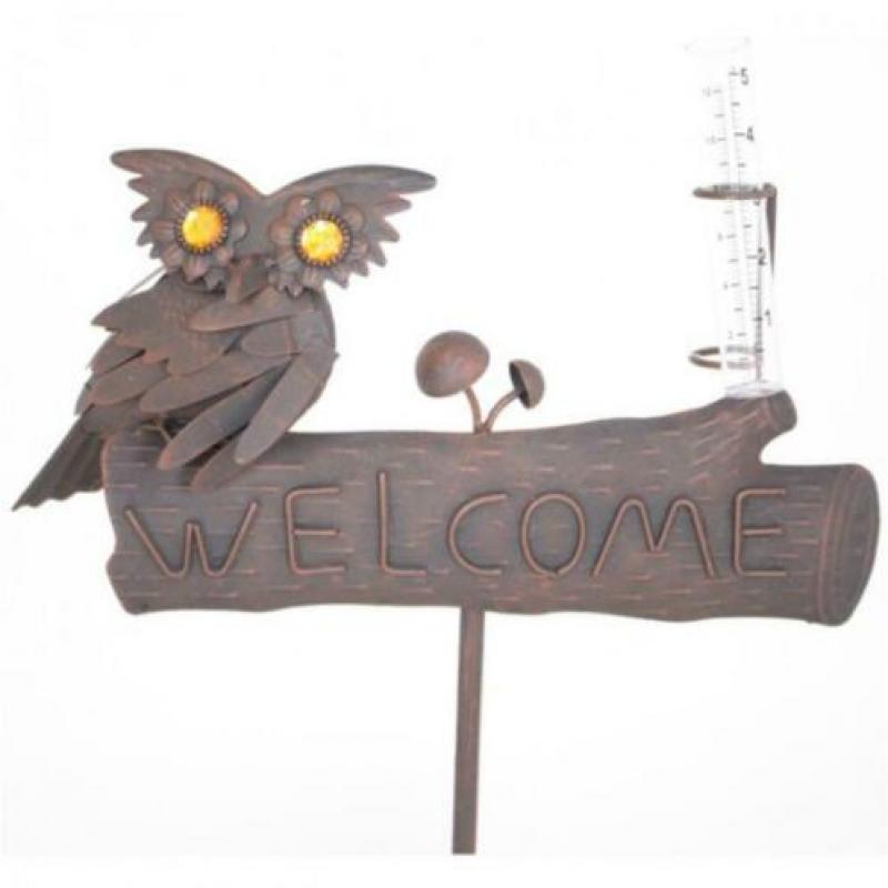 Tuindecoratie metalen bord Welcome met uil en regenmeter