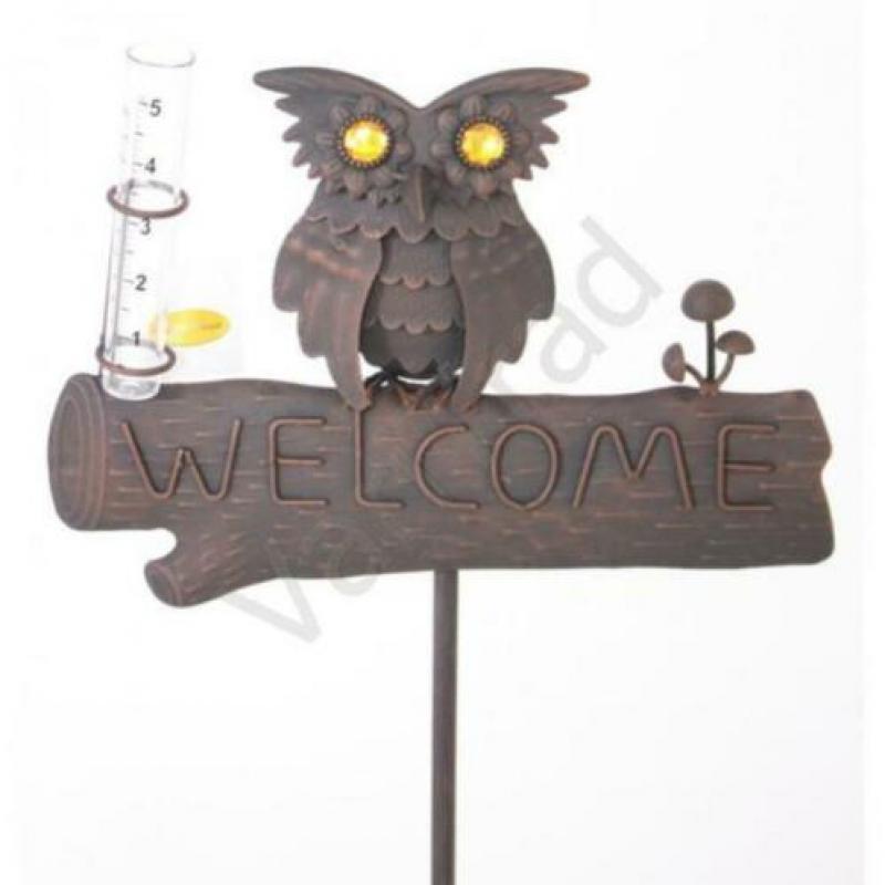 Tuindecoratie metalen bord Welcome met uil en regenmeter