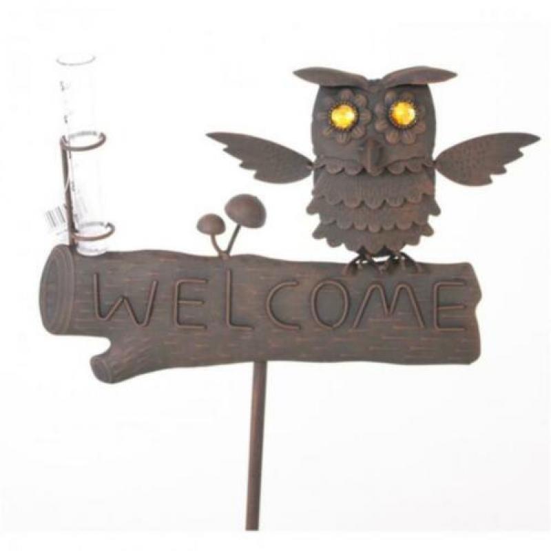 Tuindecoratie metalen bord Welcome met uil en regenmeter
