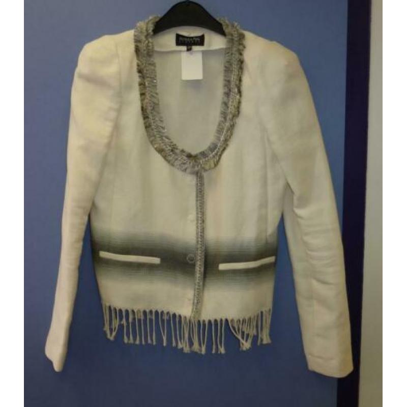 Patrizia Pepe creme blazer +grijze roezelrand fringe S 30625
