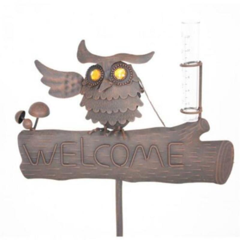 Tuindecoratie metalen bord Welcome met uil en regenmeter