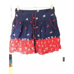 Vintage korte rok met vogelprint, maat 38