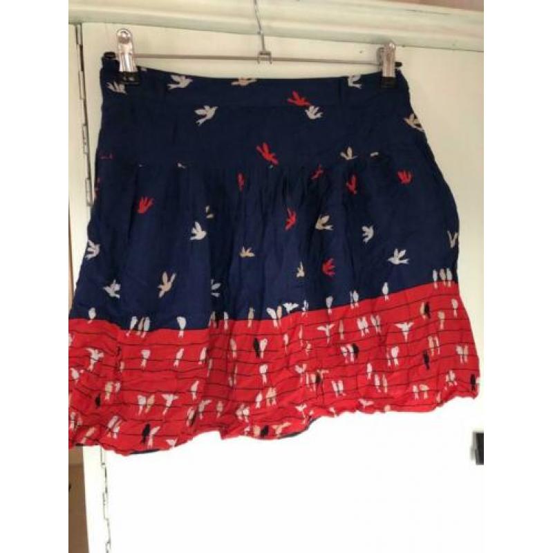 Vintage korte rok met vogelprint, maat 38