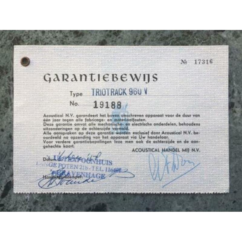 Triotrack 960V - garantiebewijs en gebruiksaanwijzing - 1958