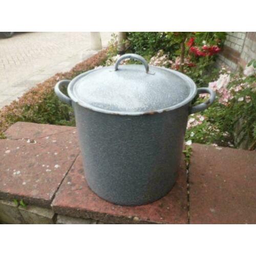 Originele grote WASKETEL / WECKKETEL grijs gewolkt emaille