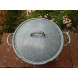 Originele grote WASKETEL / WECKKETEL grijs gewolkt emaille