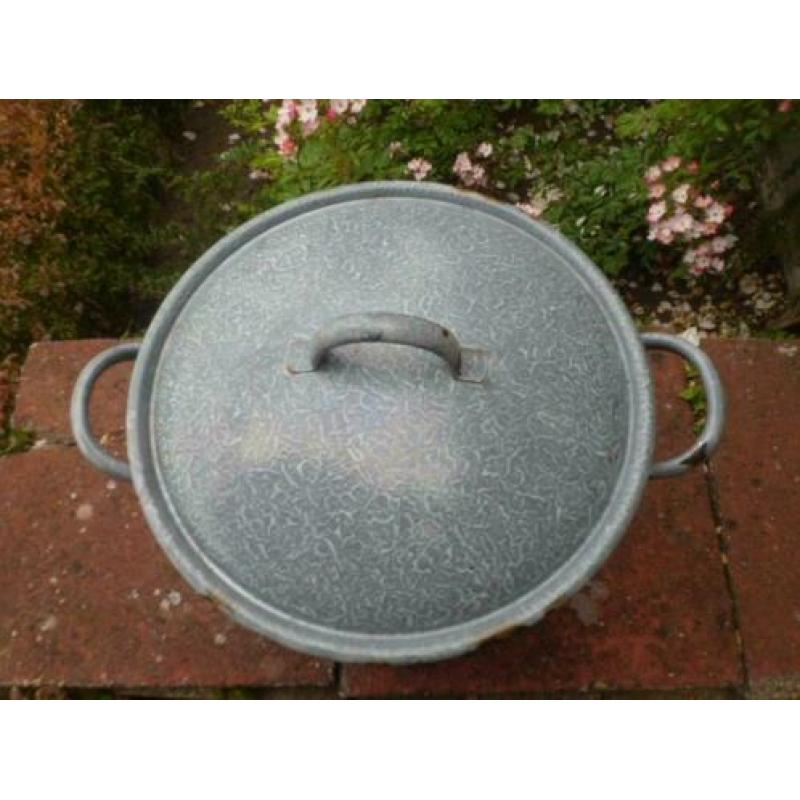 Originele grote WASKETEL / WECKKETEL grijs gewolkt emaille