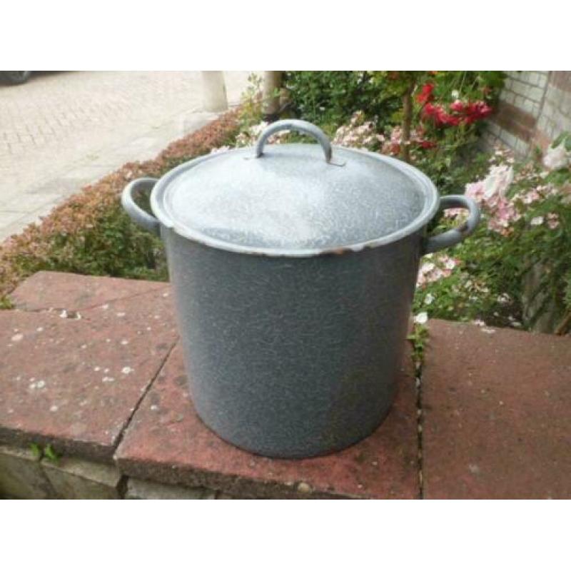 Originele grote WASKETEL / WECKKETEL grijs gewolkt emaille