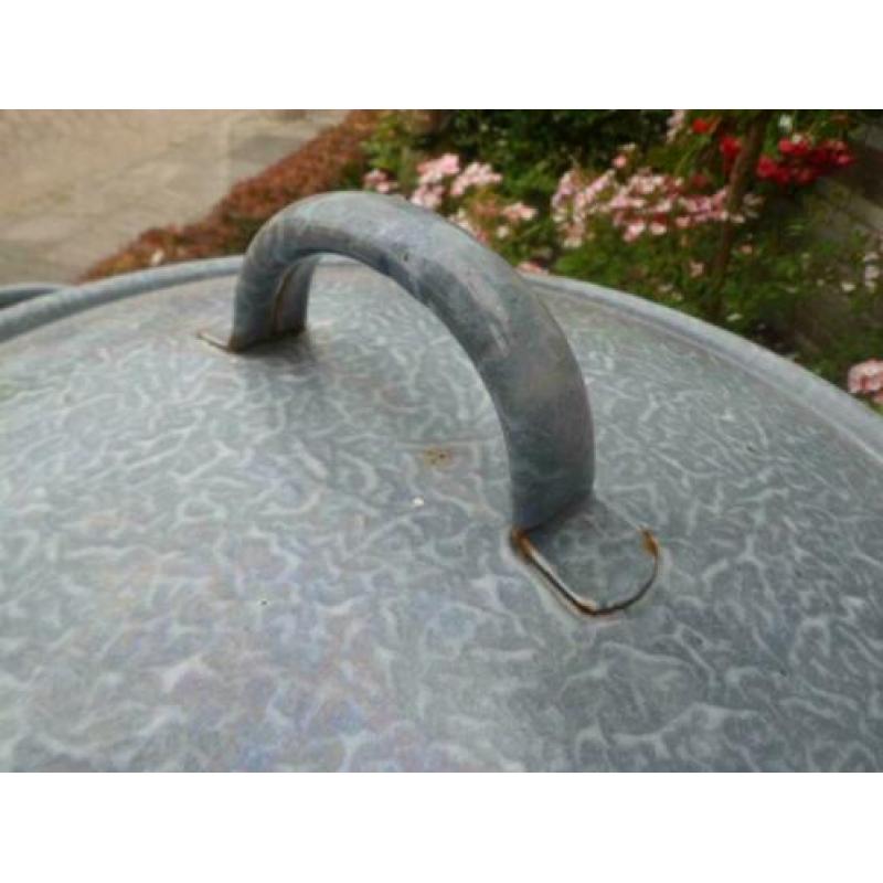 Originele grote WASKETEL / WECKKETEL grijs gewolkt emaille