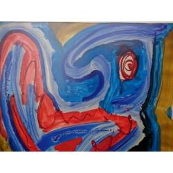 Huub Verbakel, COBRA compositie, Vogel, tempera 1987
