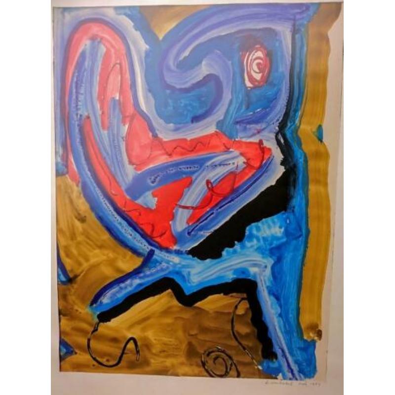 Huub Verbakel, COBRA compositie, Vogel, tempera 1987