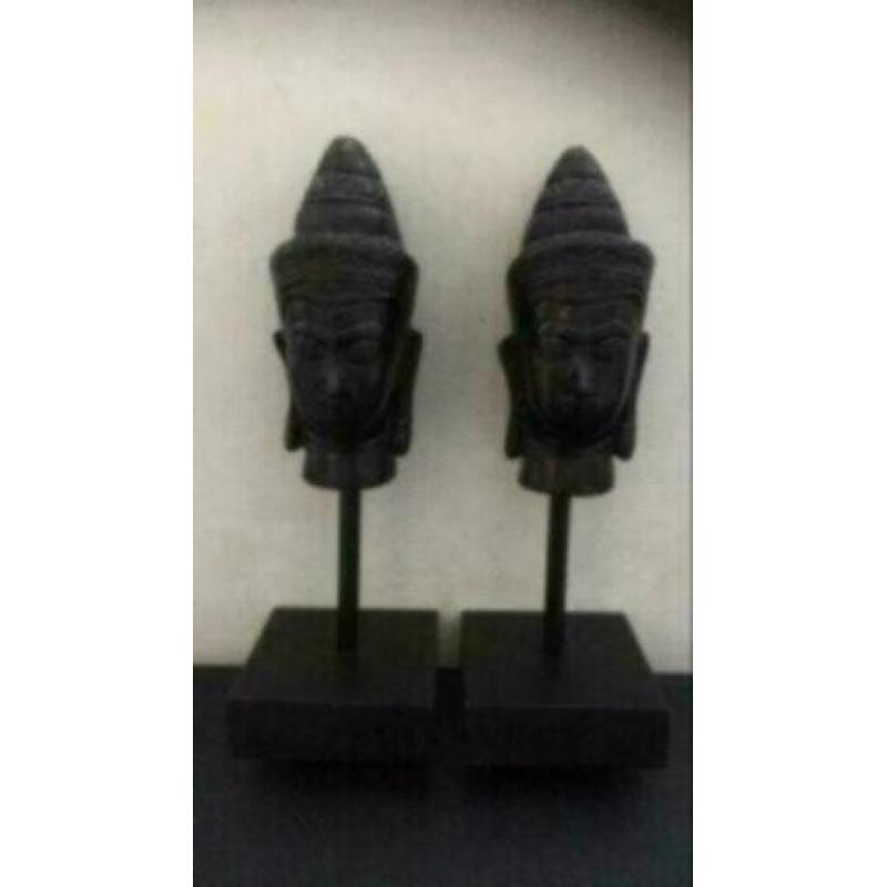 2 x boeddha hoofd, 13 cm, metaal, op houten voet 21 cm