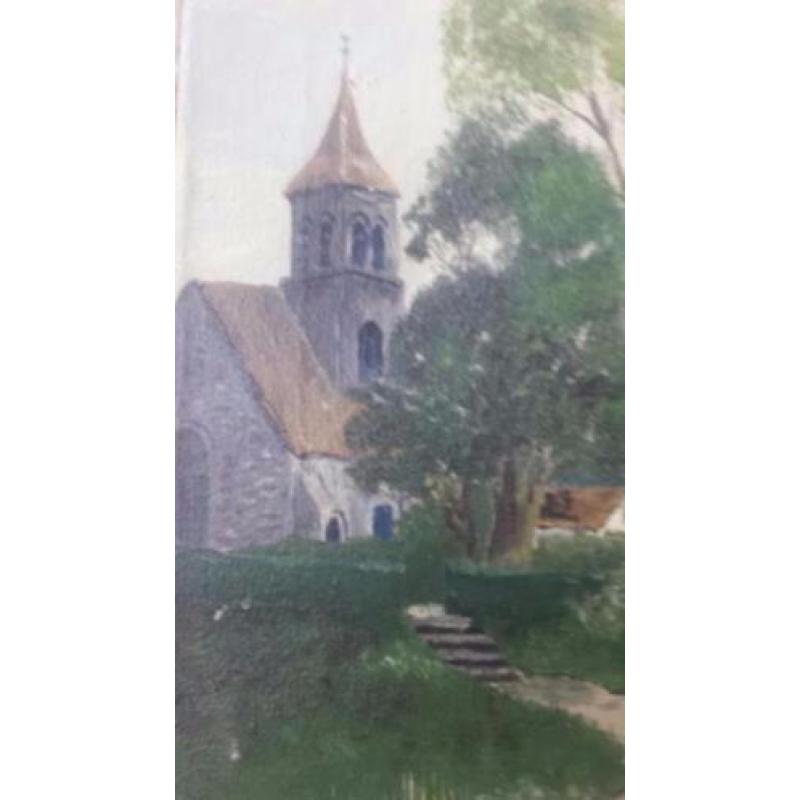oud schilderij olieverf op doek dorpje gesigneerd v d Plaats