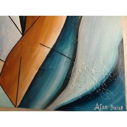 Abstract handgeschilderd 3D schilderij bruin/ blauw/ creme